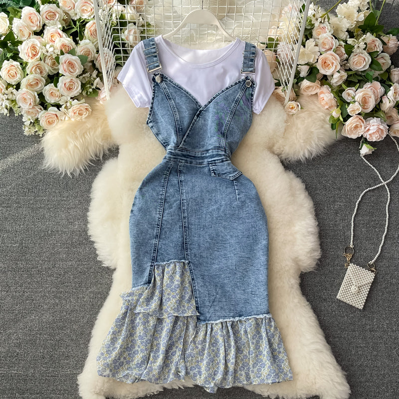 Irregular ruffled fishtail strap skirt denim dress two piece set 3064