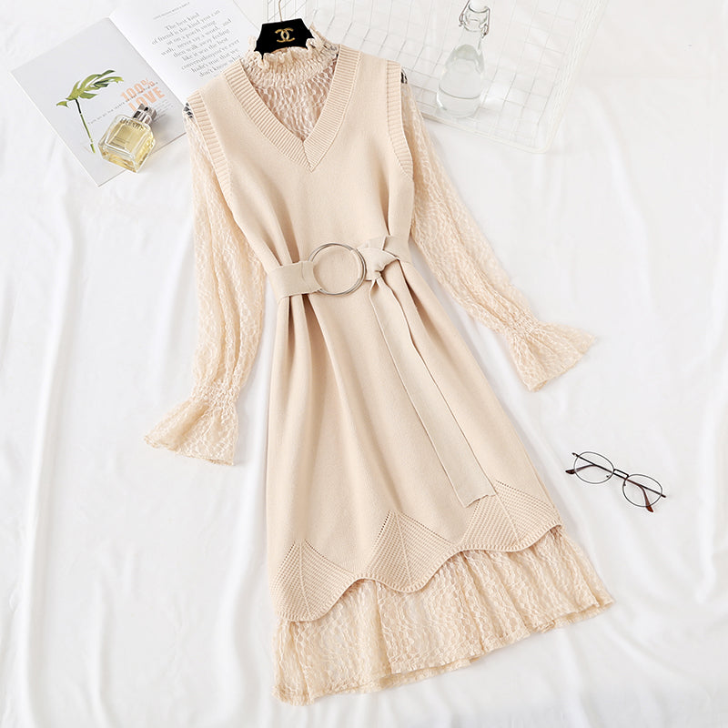 Minority LACE VEST knitted dress fashion suit two piece set female 2473