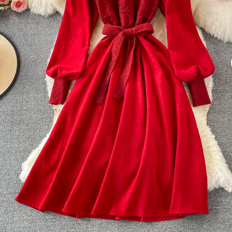 Fake two piece long sleeve knitted stitched corduroy A-line dress 3365