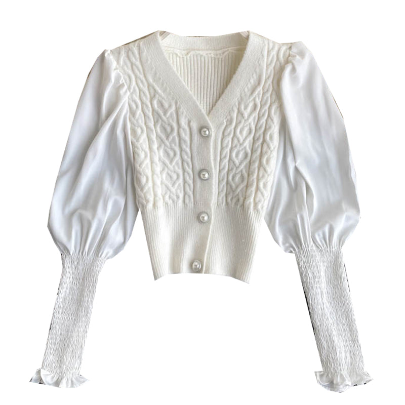 Minority lamb leg sleeve long sleeve stitched Vintage twist knitted cardigan top 1575