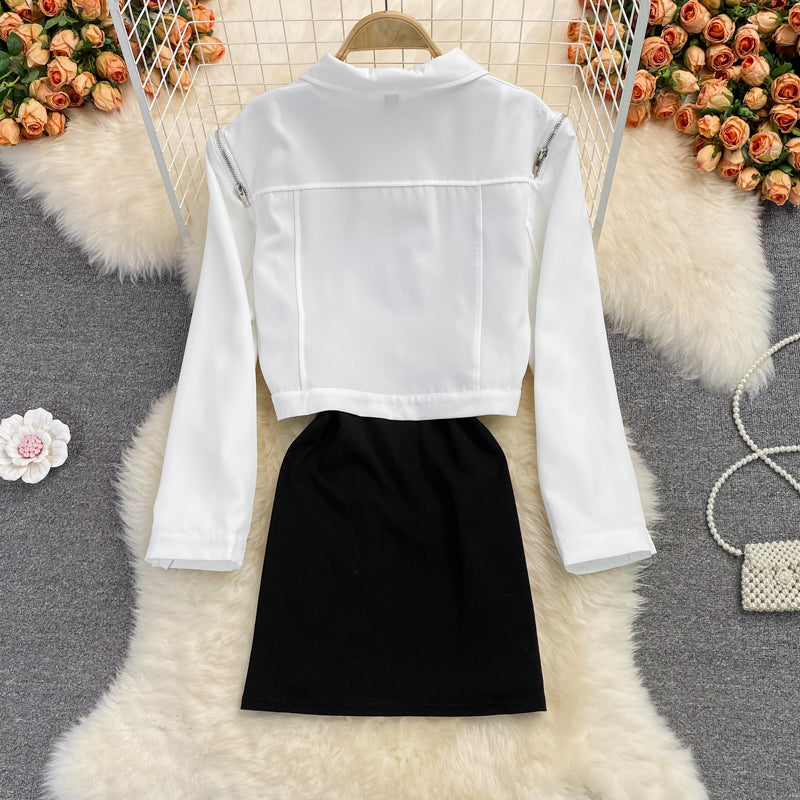 Black split vest skirt dress two piece set 2855