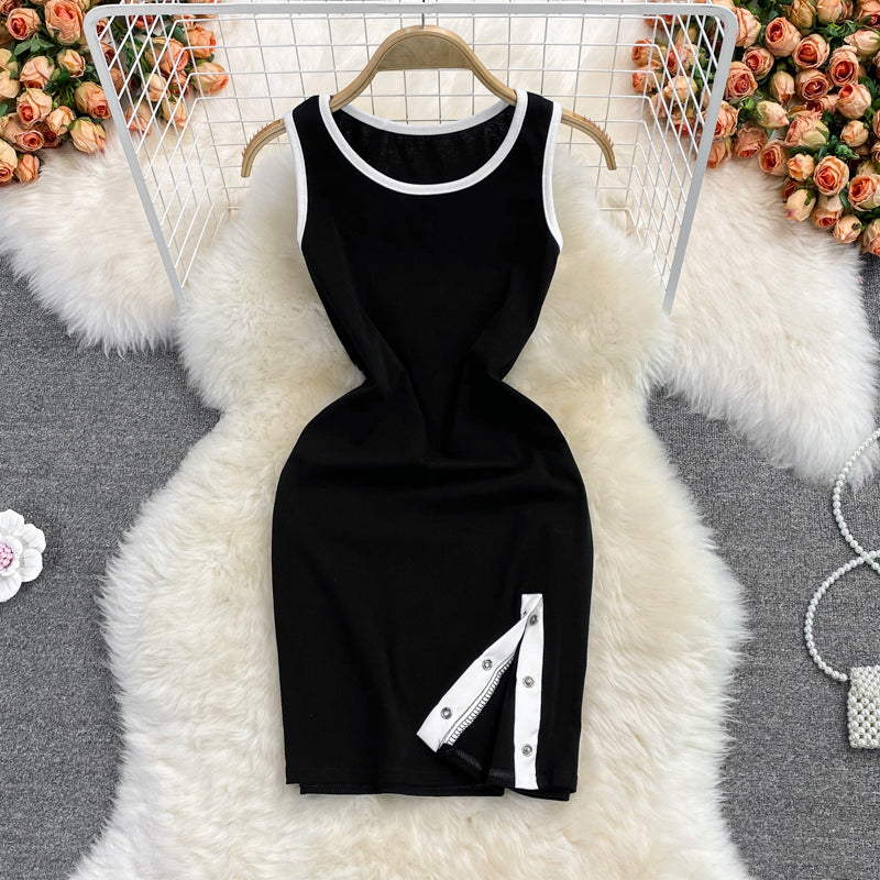 Black split vest skirt dress two piece set 2855