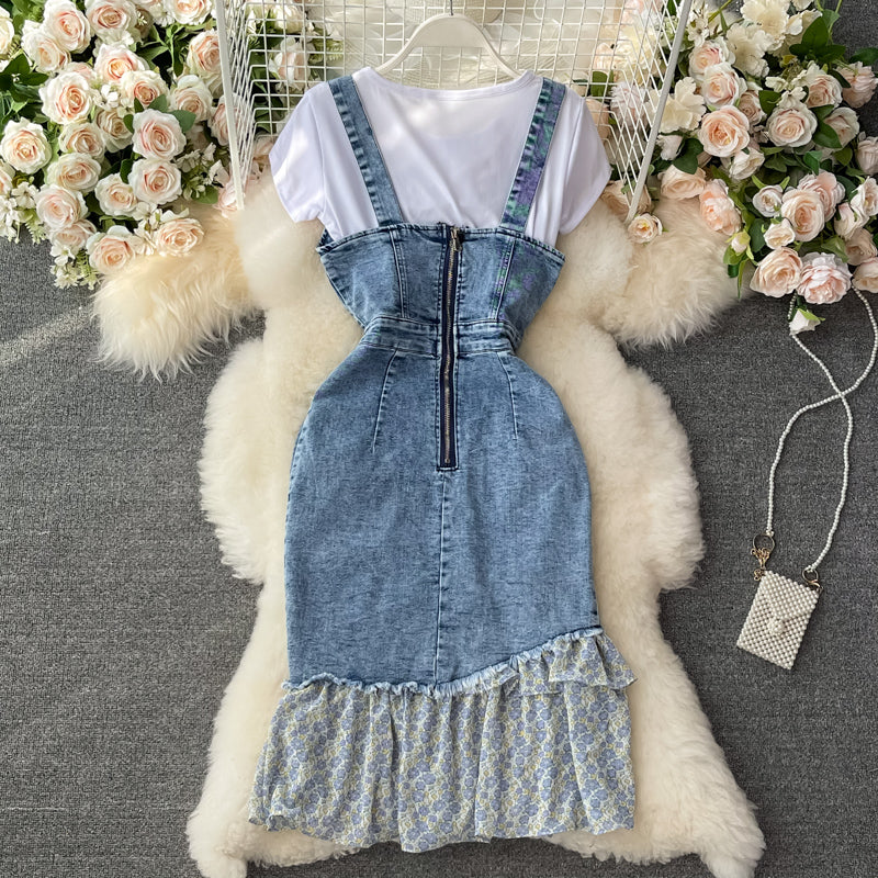 Irregular ruffled fishtail strap skirt denim dress two piece set 3064