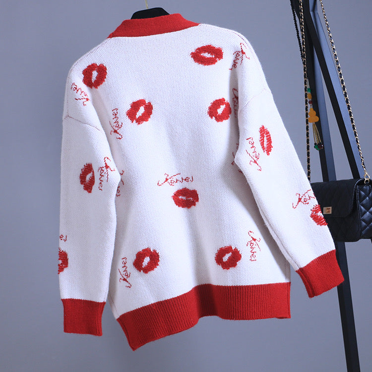 Contrast color sweater coat Cardigan, loose, V-neck, lip knit top 1403