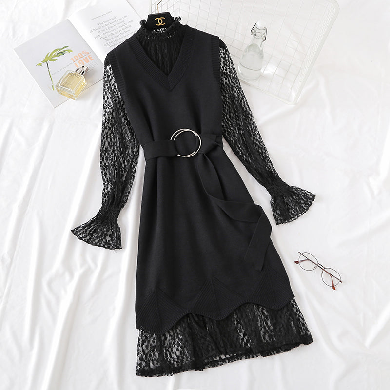 Minority LACE VEST knitted dress fashion suit two piece set female 2473