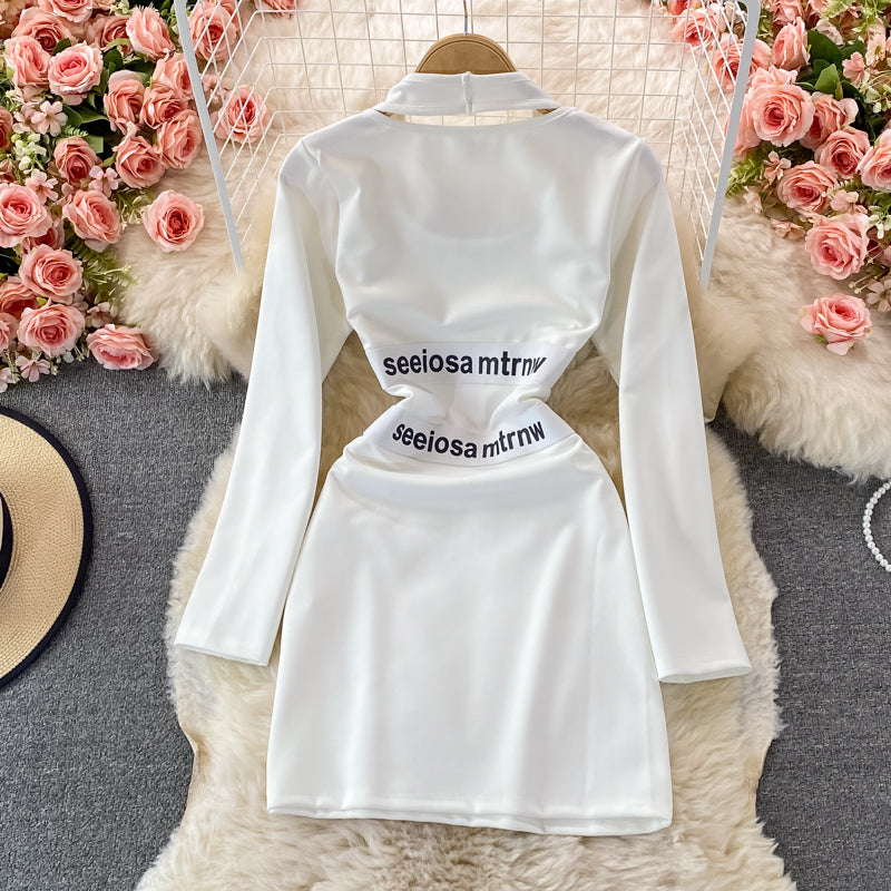 Fake two piece neck and shoulder bag hip dress 2857