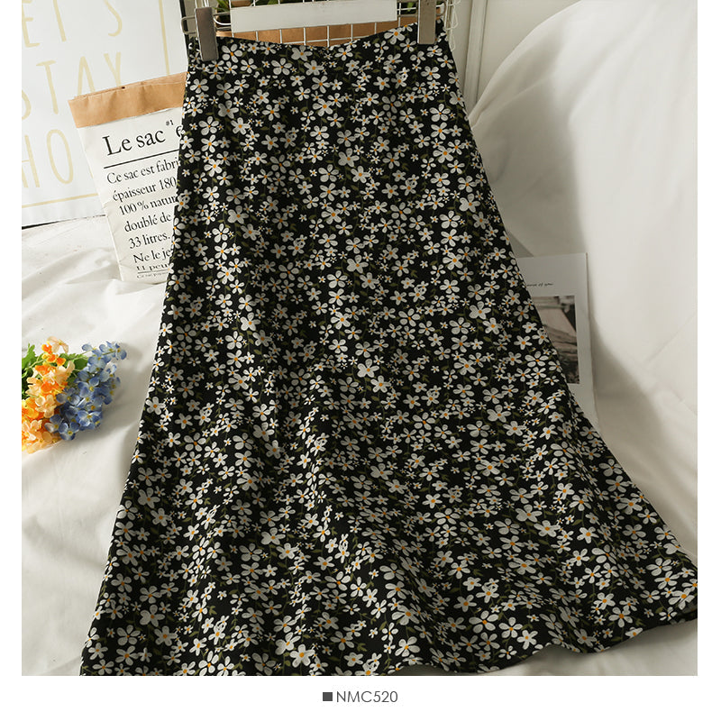 Hong Kong style retro floral high waist medium length A-line skirt 2485