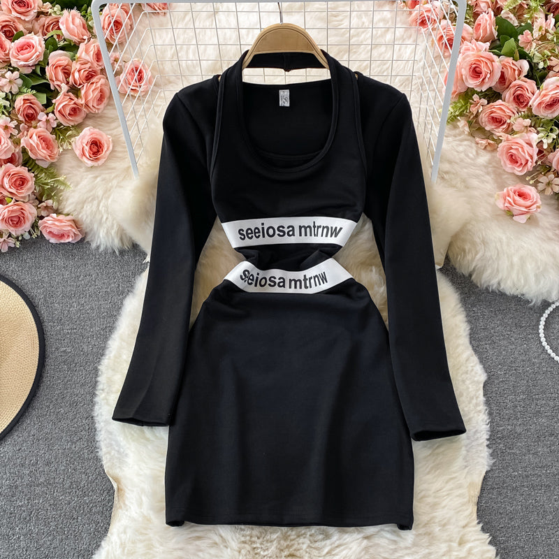 Fake two piece neck and shoulder bag hip dress 2857