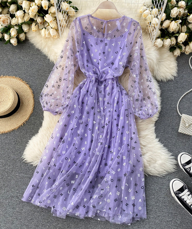 Cute A line letter dress long sleeve dress two pieces sets 1316