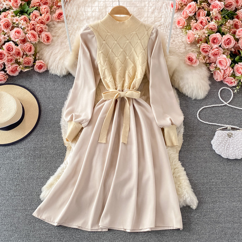 Fake two piece long sleeve knitted stitched corduroy A-line dress 3365