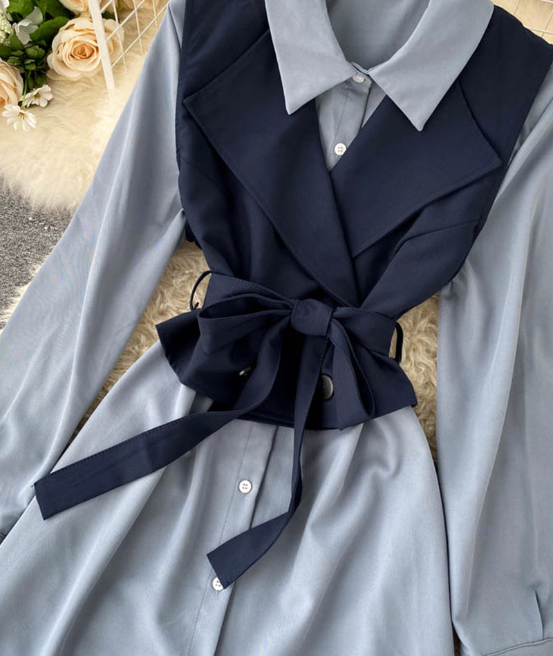 Fashionable vest + long sleeve shirt dress two pieces suit 1025