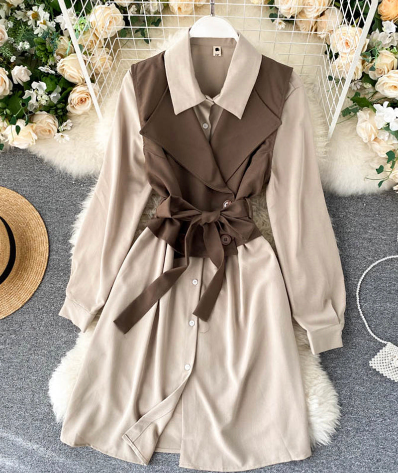Fashionable vest + long sleeve shirt dress two pieces suit 1025