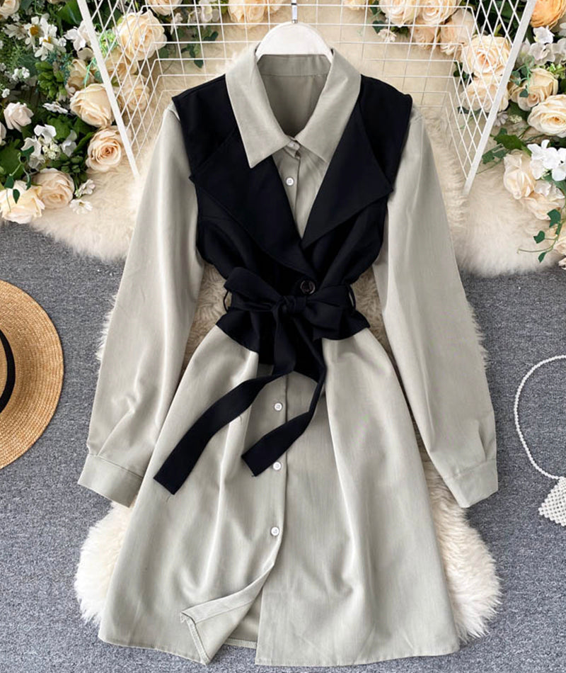 Fashionable vest + long sleeve shirt dress two pieces suit 1025
