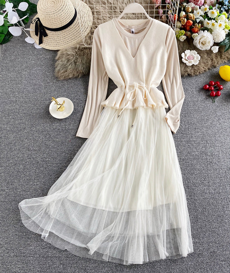 Cute v neck knitted vest+ long sleeve dress two pieces sets 999