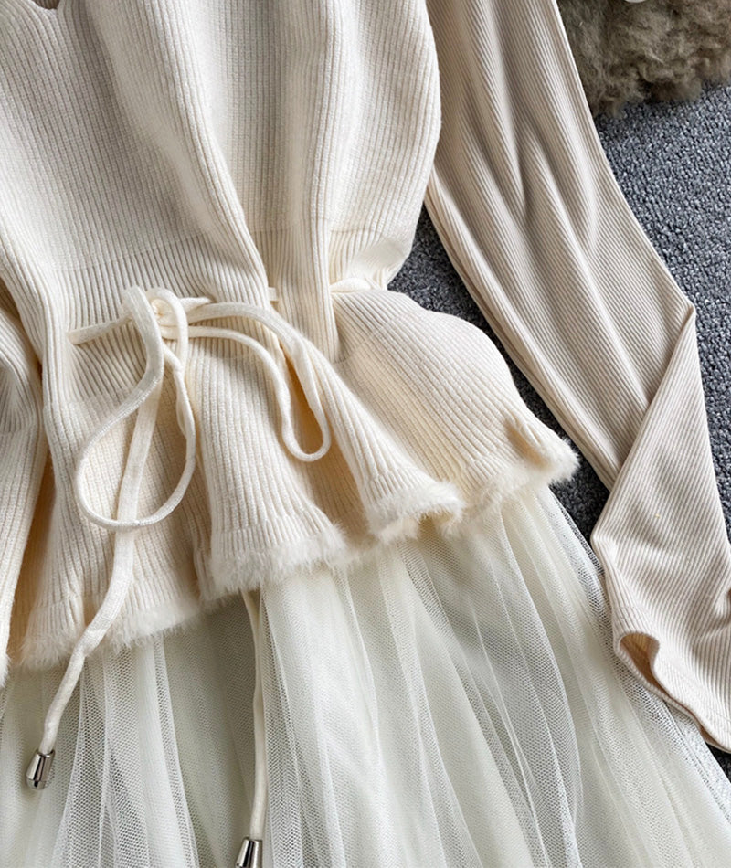 Cute v neck knitted vest+ long sleeve dress two pieces sets 999