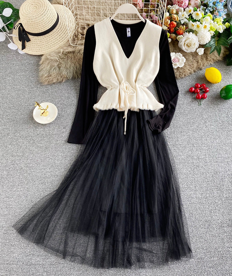 Cute v neck knitted vest+ long sleeve dress two pieces sets 999