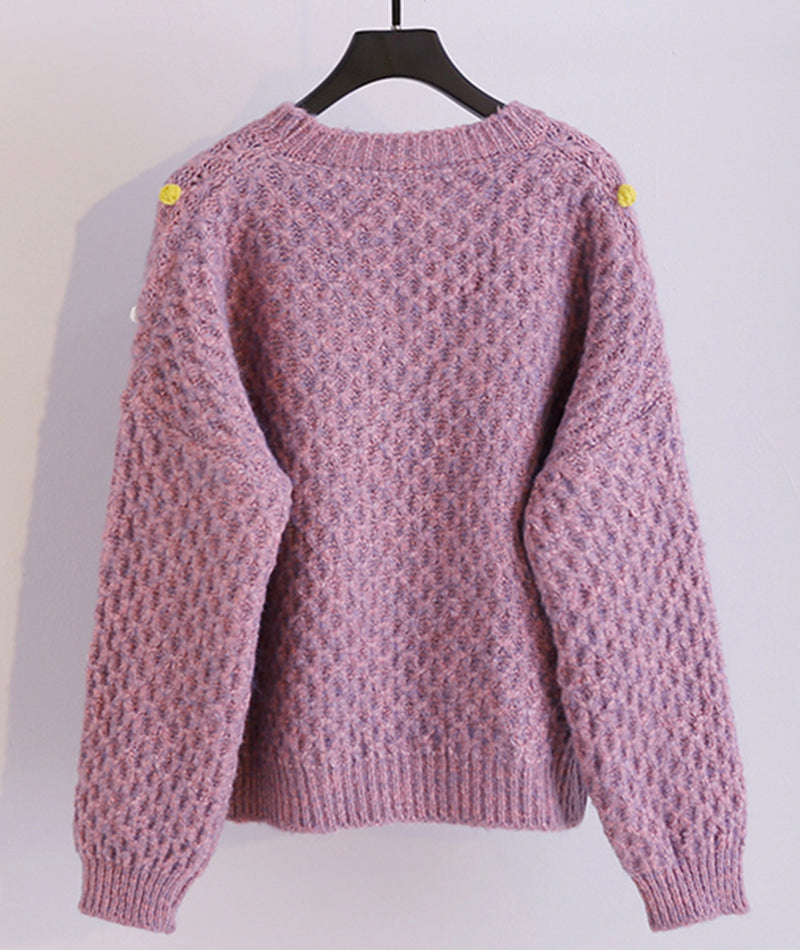 Colorful pom poms embellished round neck chunky sweater 062