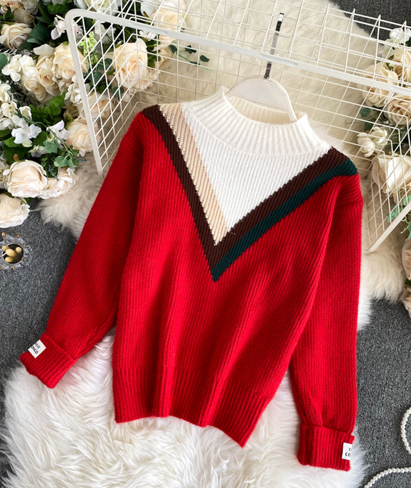 Red round neck long sleeve sweater 067