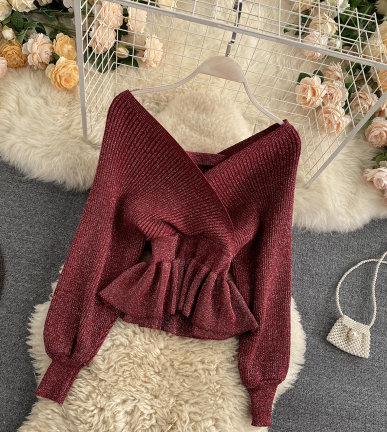 Stylish v neck long sleeve tops 045