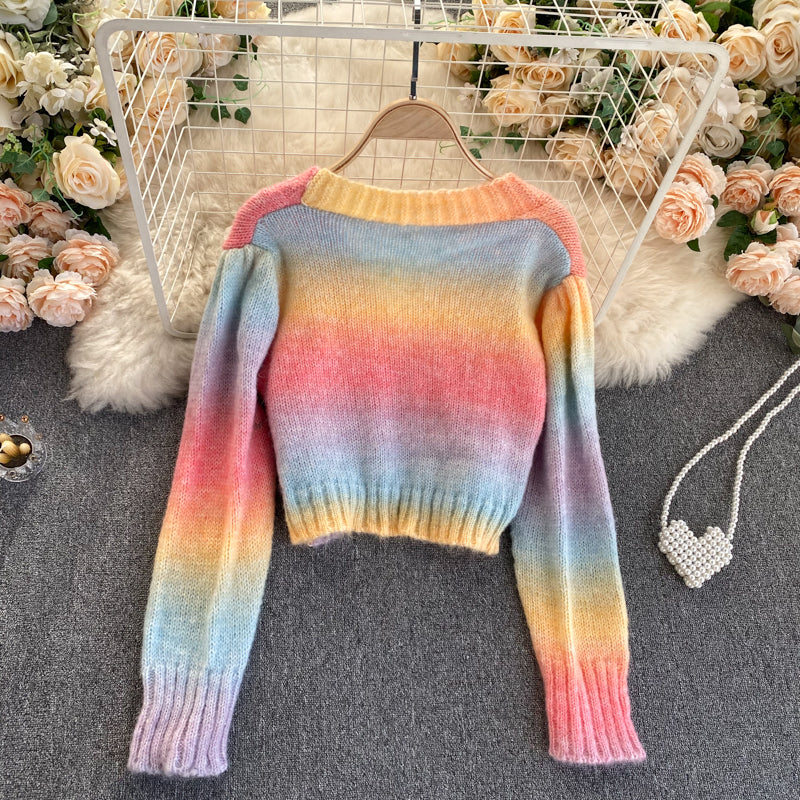 Rainbow Cardigan Long Sleeve Short Sweater 022