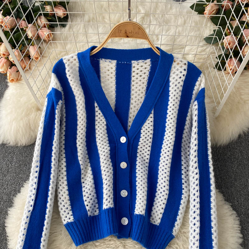 Simple striped long-sleeved short cardigan sweater 008