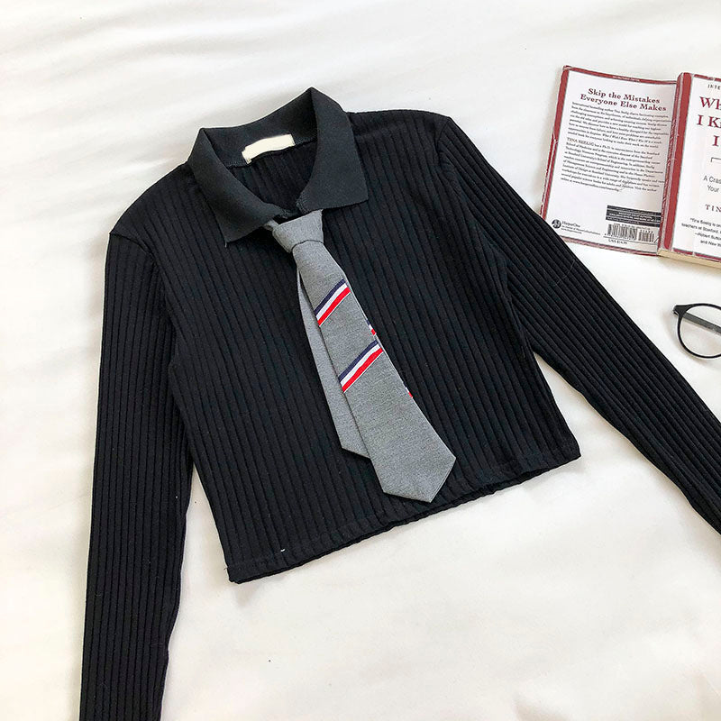College Polo necktie knit slim long sleeve top 6447