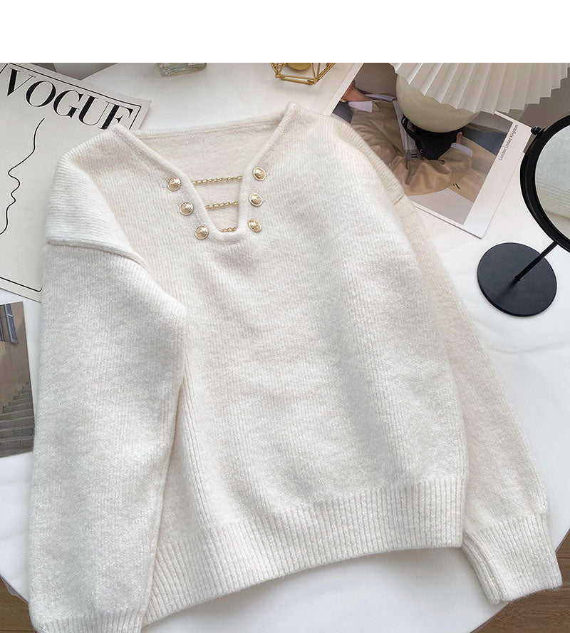 Niche design personalized V-neck bright silk long sleeve Pullover Top 6047