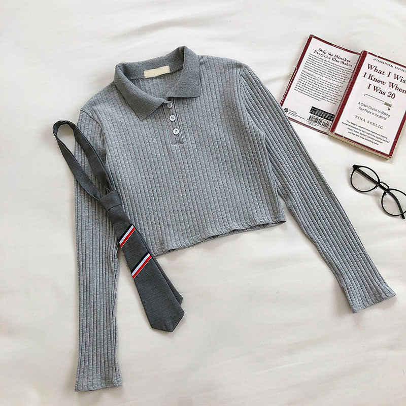 College Polo necktie knit slim long sleeve top 6447