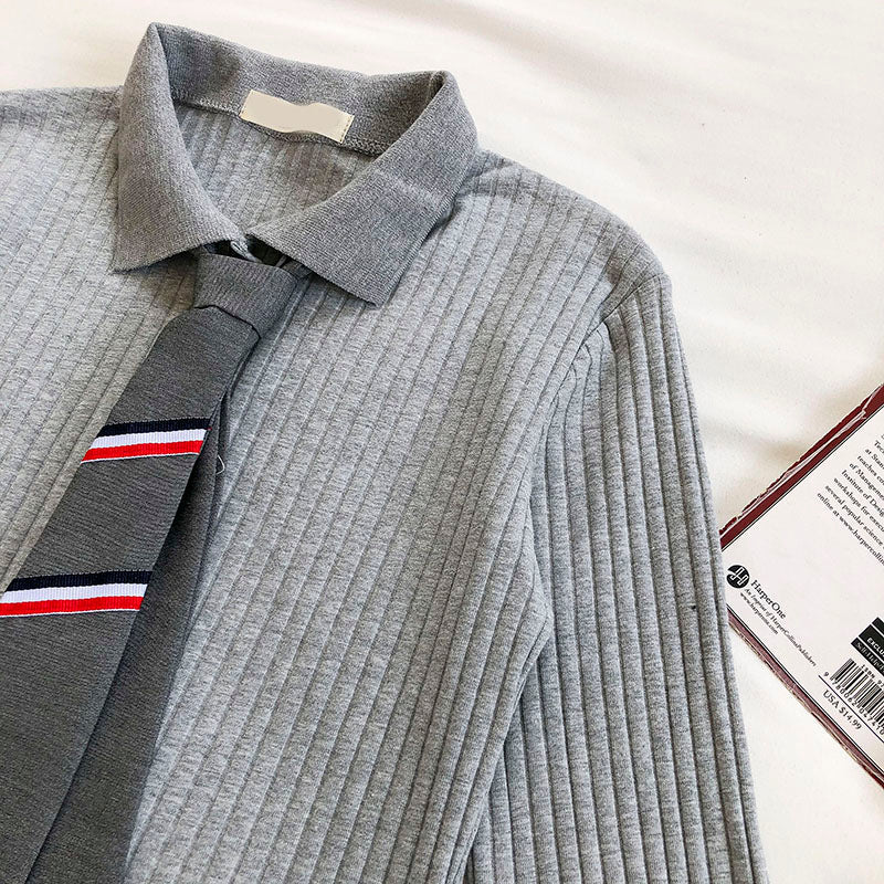 College Polo necktie knit slim long sleeve top 6447