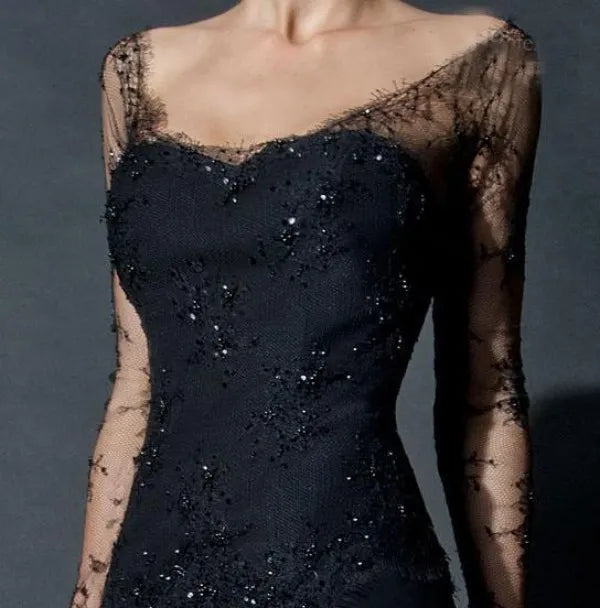 Black Elegnt Sheath Evening Dress, Long Sleeve Evening Dress, Elegant prom Dress cg2704