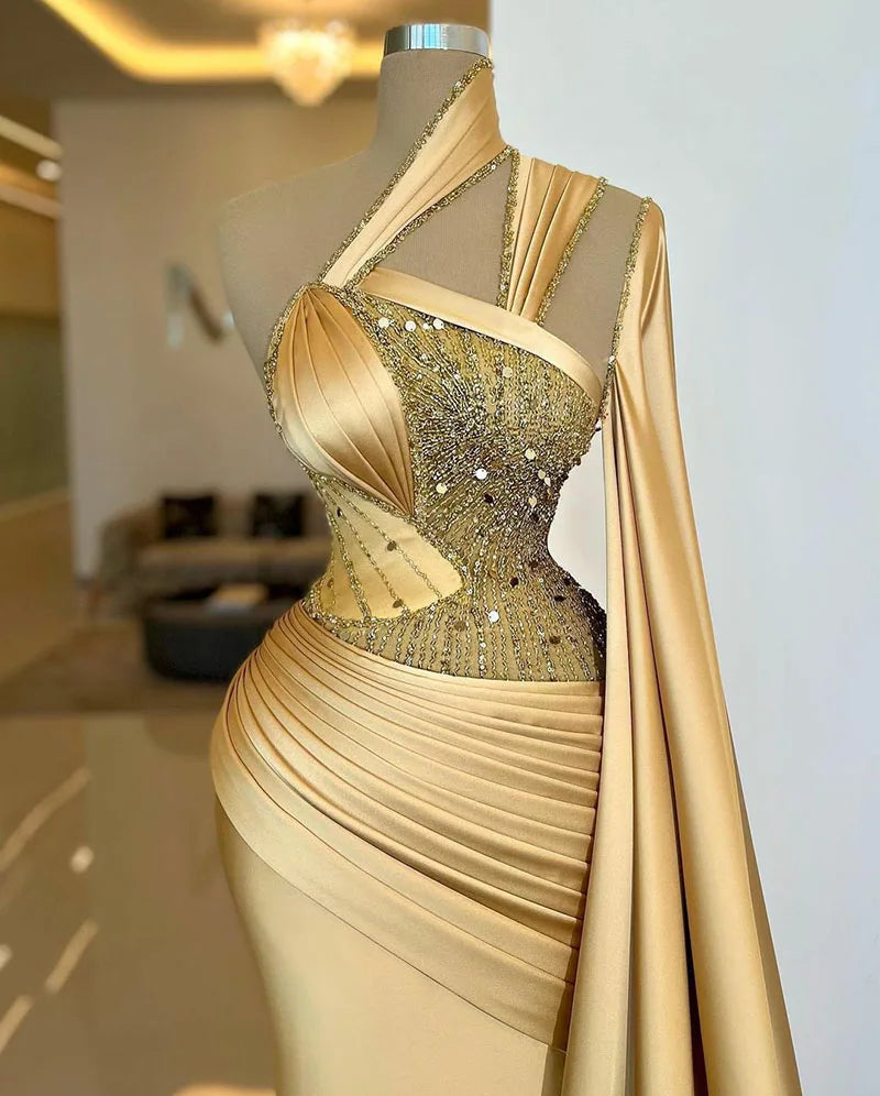 Gold Sparkle Crystals Sequins Beading Evening Dresses Arabic Aso Ebi Unique One Shoulder With Wrap Prom Party Gowns fg4157
