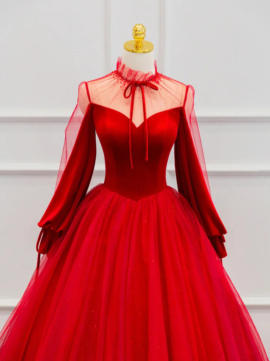 Red Velvet Tulle Floor Length Prom Dress, Beautiful Long Sleeve Evening Party Dress       fg4355