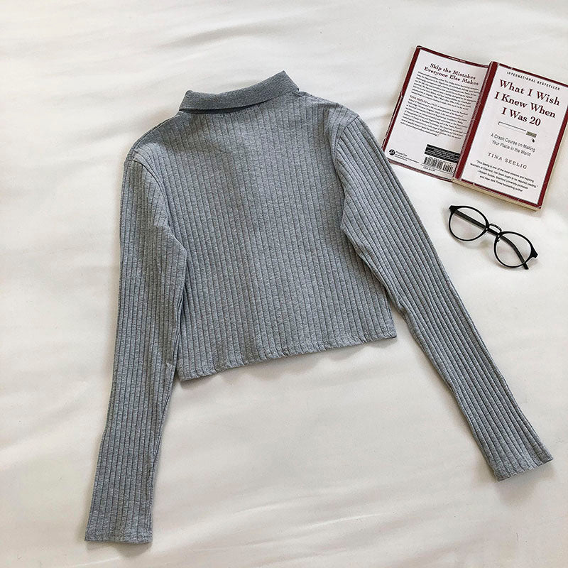 College Polo necktie knit slim long sleeve top 6447