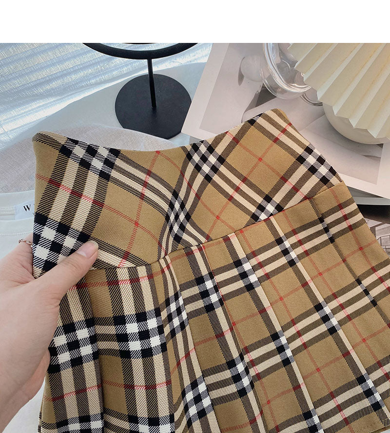 Khaki pleated skirt women's high waist A-line plaid skirt 5314