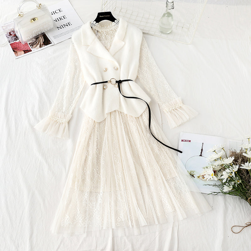 Super fairy lace dress vest skirt two piece set 4740