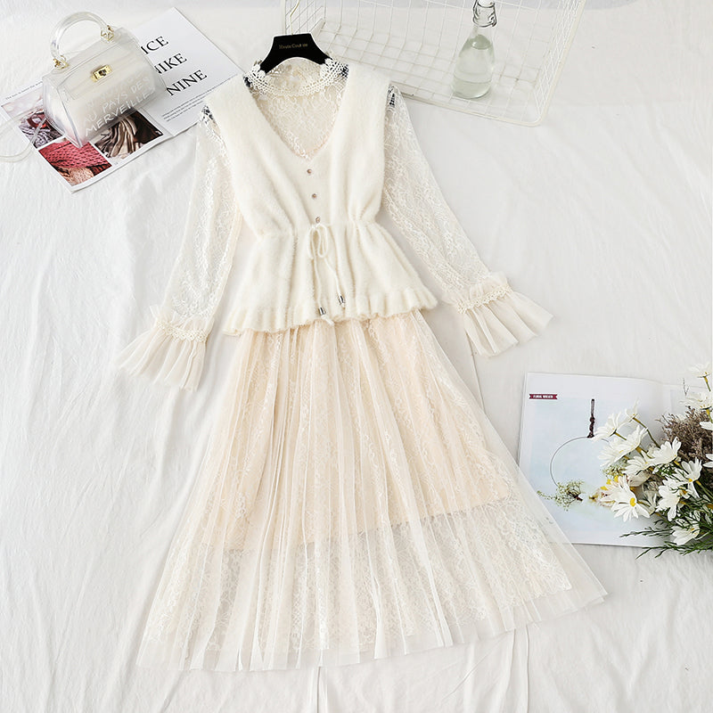 Lace inside dress vest skirt two piece suit 4742