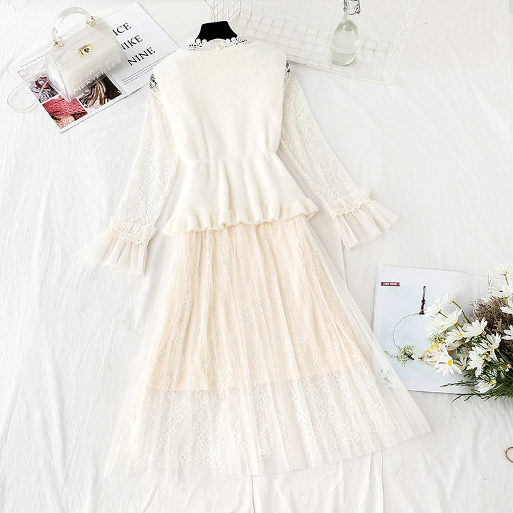 Lace inside dress vest skirt two piece suit 4742