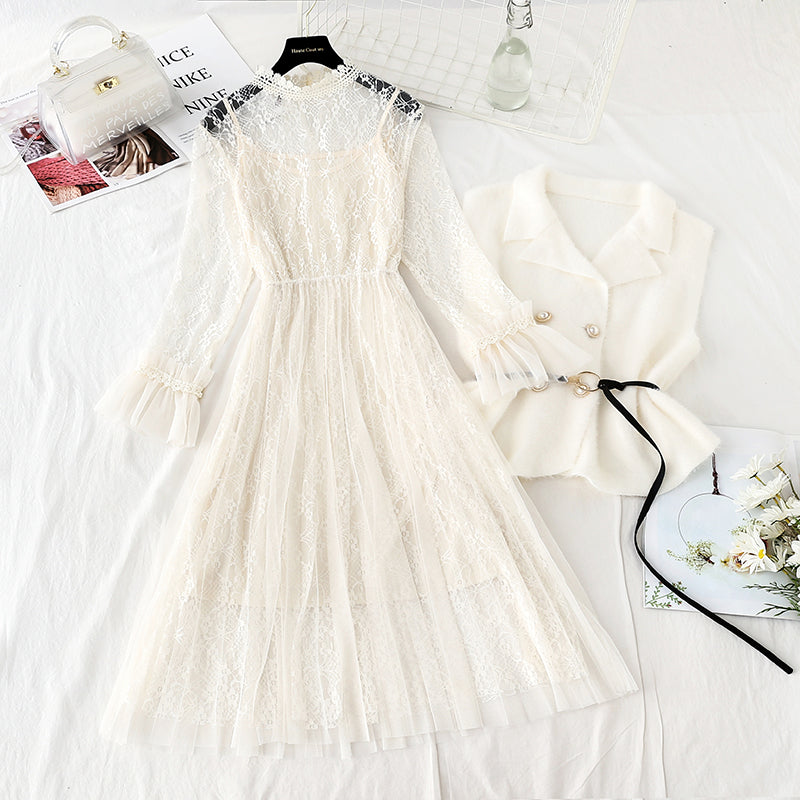Super fairy lace dress vest skirt two piece set 4740