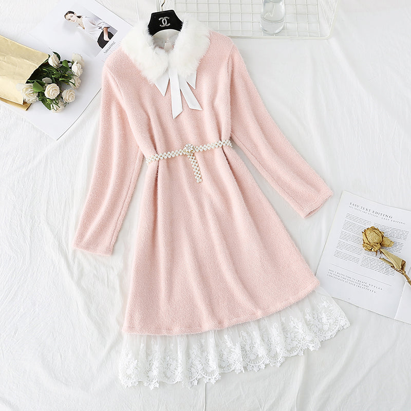 Seahorse wool knitted dress fake two pieces of stitched lace 4777