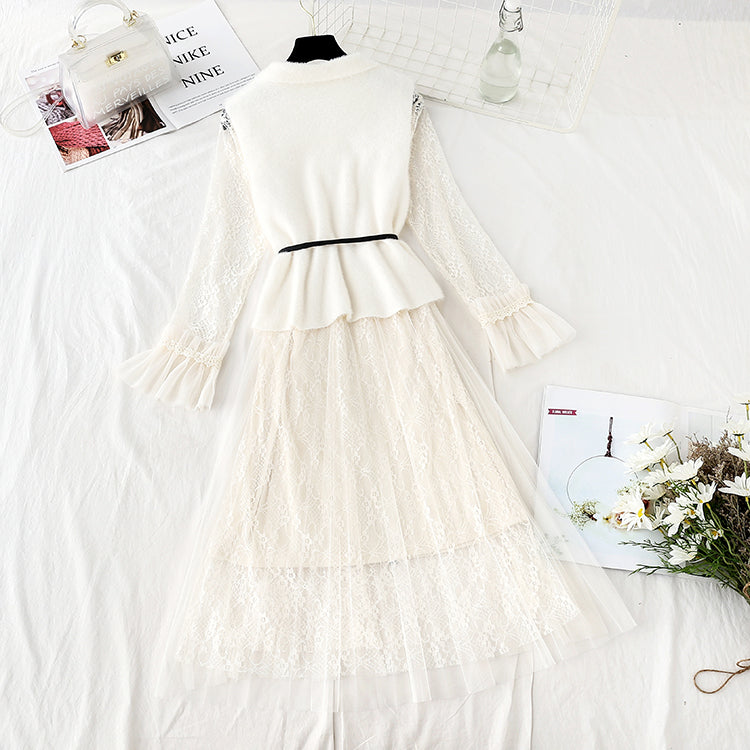 Super fairy lace dress vest skirt two piece set 4740