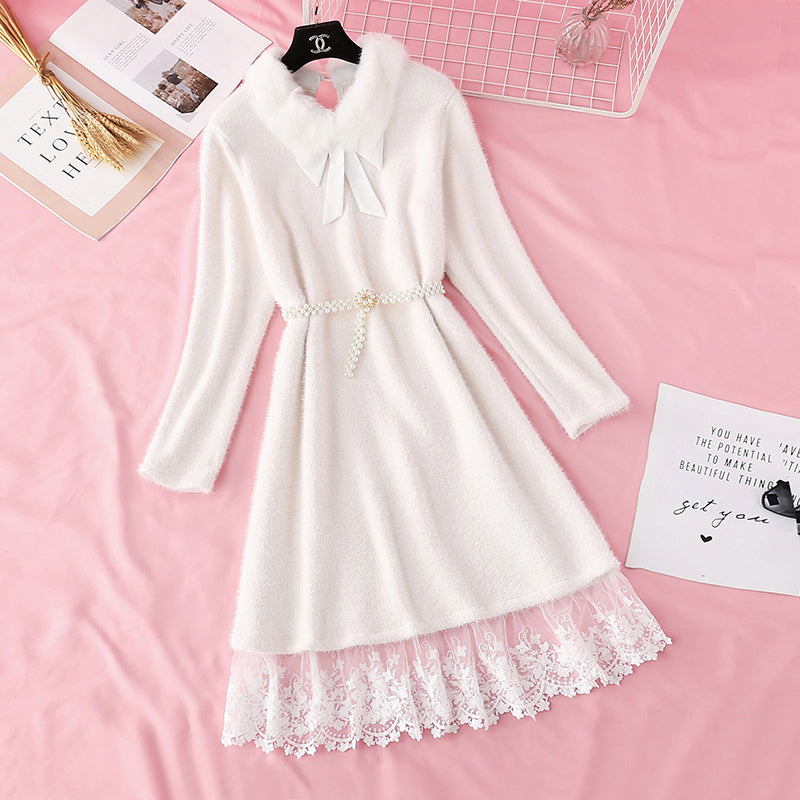 Seahorse wool knitted dress fake two pieces of stitched lace 4777
