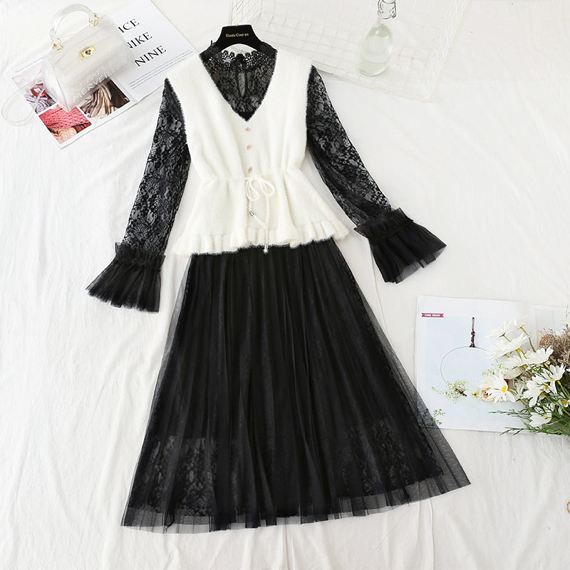 Lace inside dress vest skirt two piece suit 4742