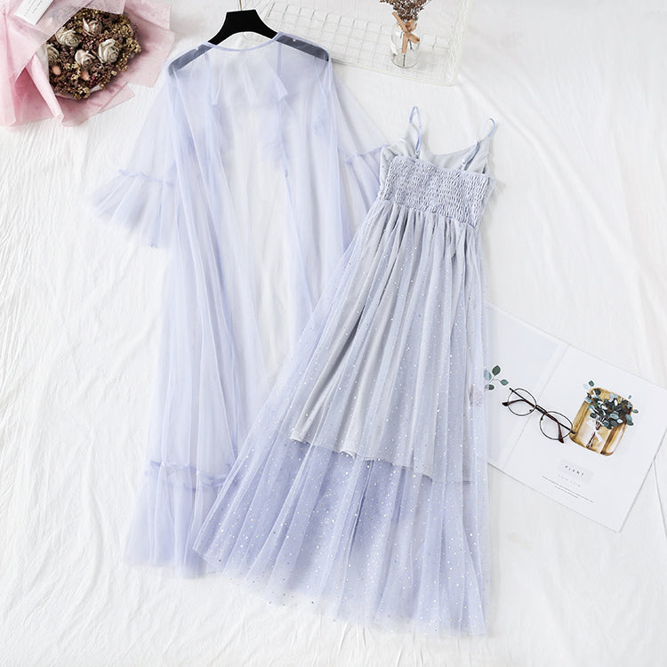 Sequin mesh dress suspender skirt two piece suit 4478