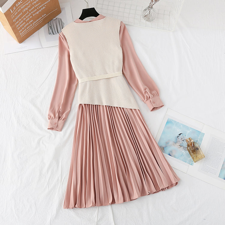 Knitted dress net red dress two piece suit 3875