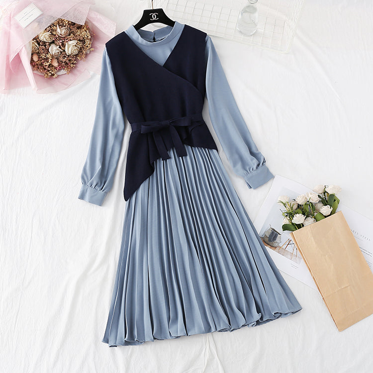 Knitted dress net red dress two piece suit 3875