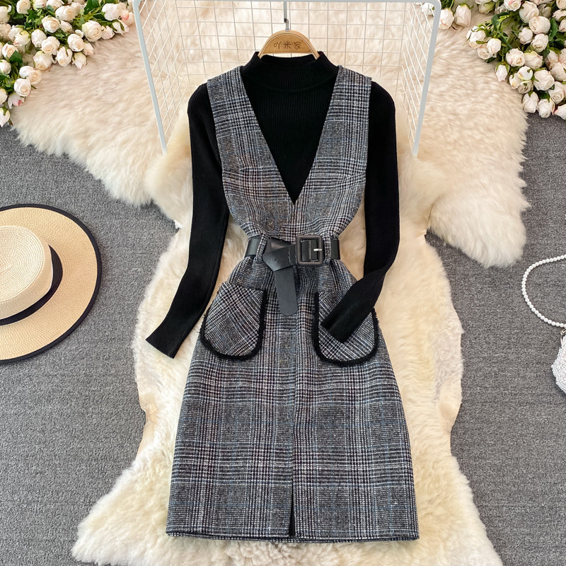Woolen vest dress two piece stand collar knit bottoming shirt 3771