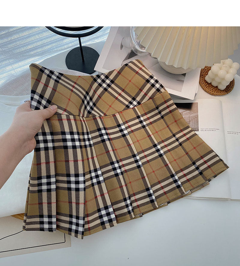 Khaki pleated skirt women's high waist A-line plaid skirt 5314
