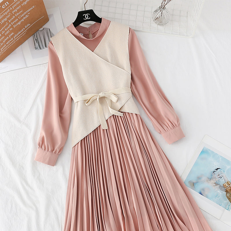 Knitted dress net red dress two piece suit 3875