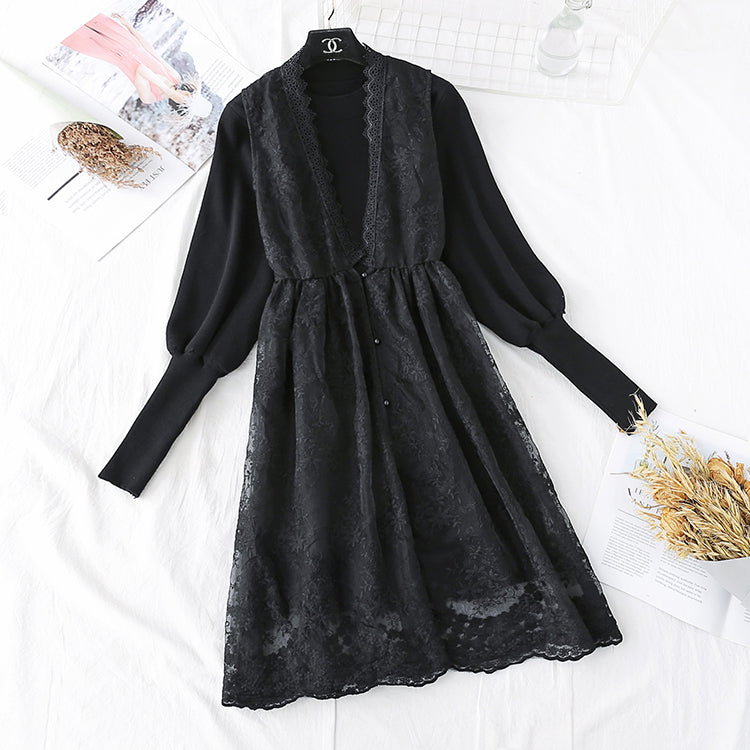 Two piece set of knitted dress with gentle wind 4487