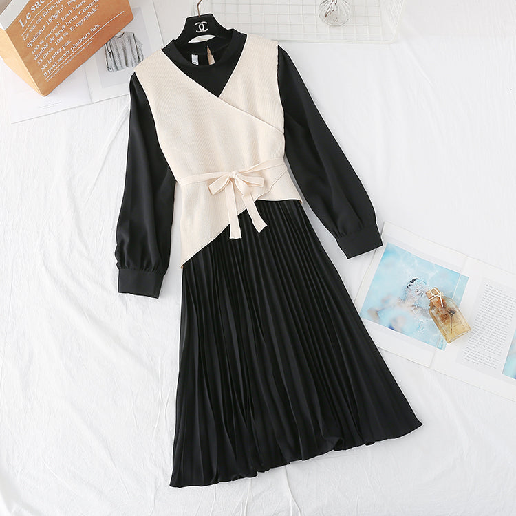 Knitted dress net red dress two piece suit 3875